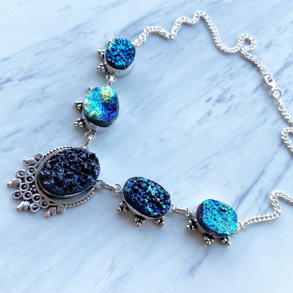 925 Sterling silver blue druzy chocker necklace - Picture 3 of 8